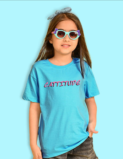 Nusyl Girls Sky Blue Cattitude Text  Printed  Short sleeve Cotton Blend Oversized T-shirts