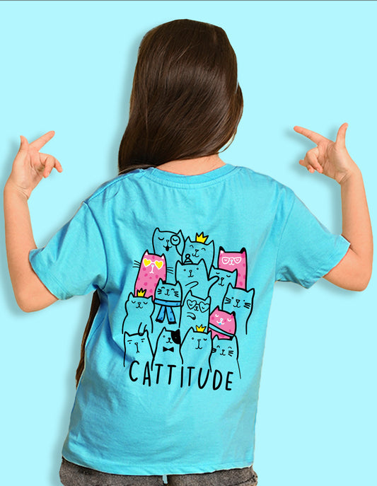 Nusyl Girls Sky Blue Cattitude Text  Printed  Short sleeve Cotton Blend Oversized T-shirts