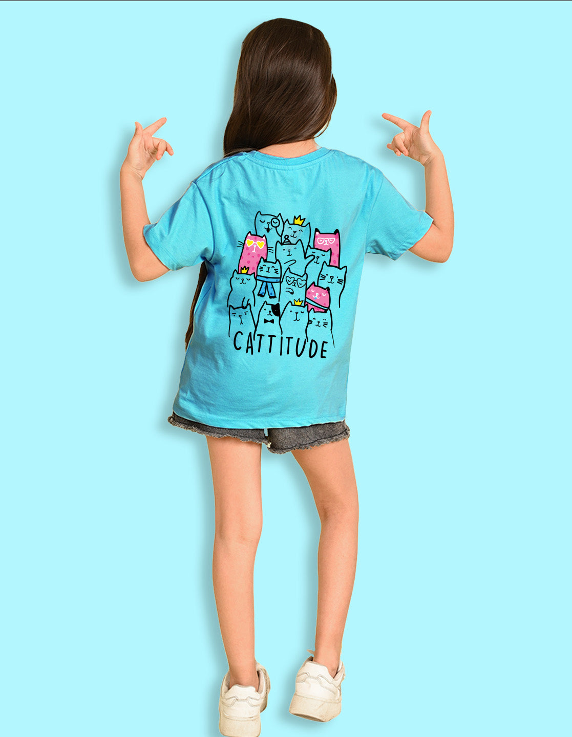 Nusyl Girls Sky Blue Cattitude Text  Printed  Short sleeve Cotton Blend Oversized T-shirts