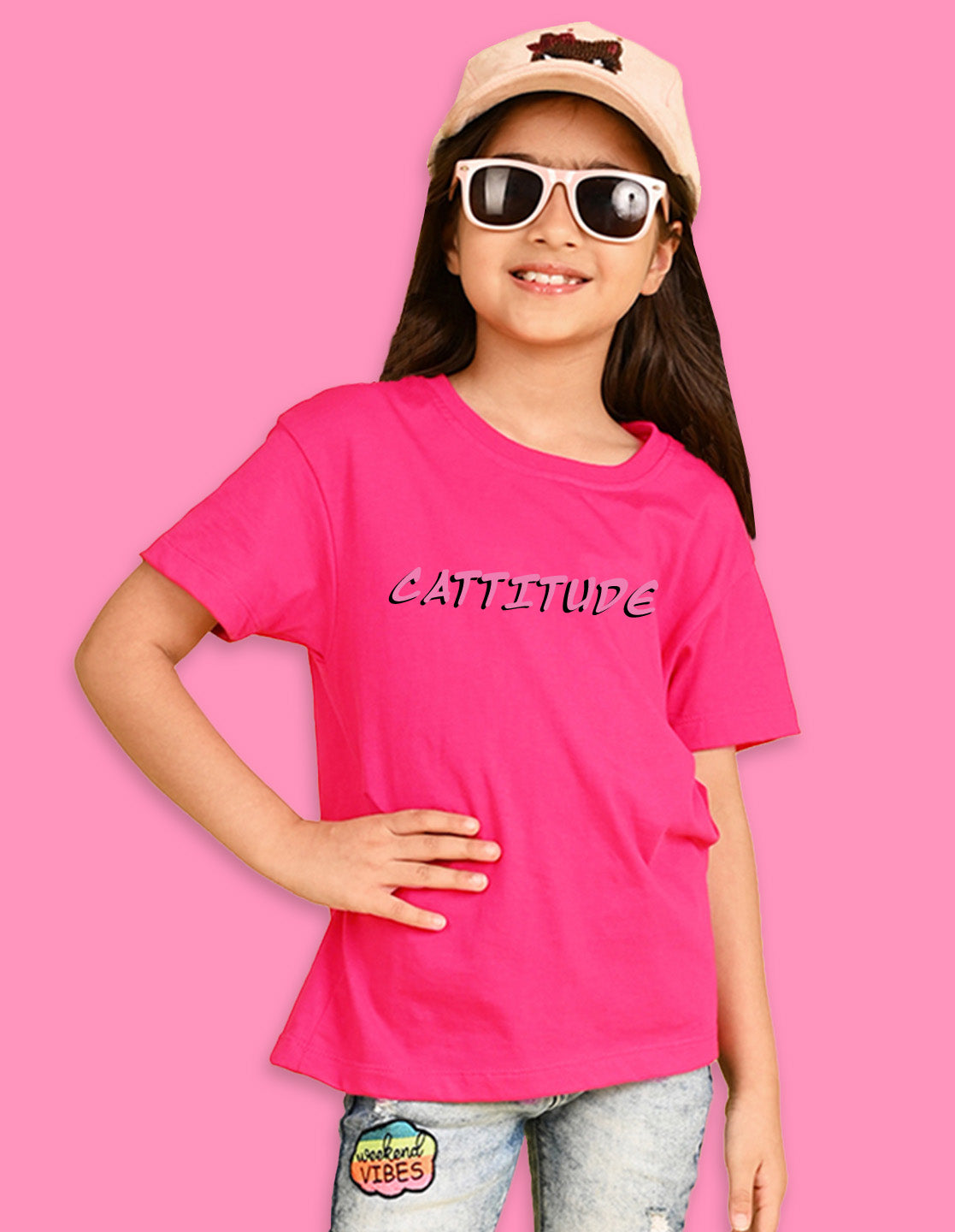 Nusyl Girls Hot Pink Cattitude Text  Printed  Short sleeve Cotton Blend Oversized T-shirts