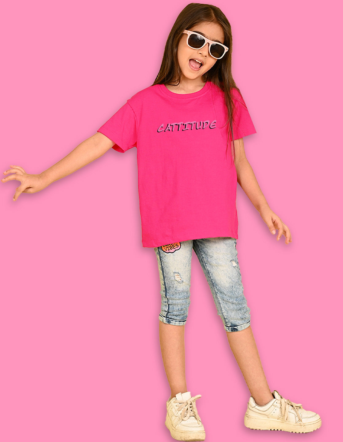Nusyl Girls Hot Pink Cattitude Text  Printed  Short sleeve Cotton Blend Oversized T-shirts