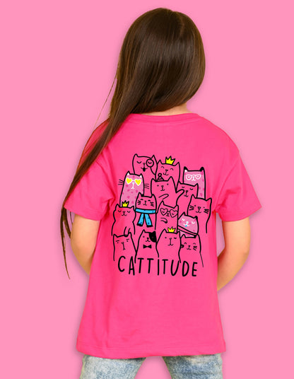 Nusyl Girls Hot Pink Cattitude Text  Printed  Short sleeve Cotton Blend Oversized T-shirts