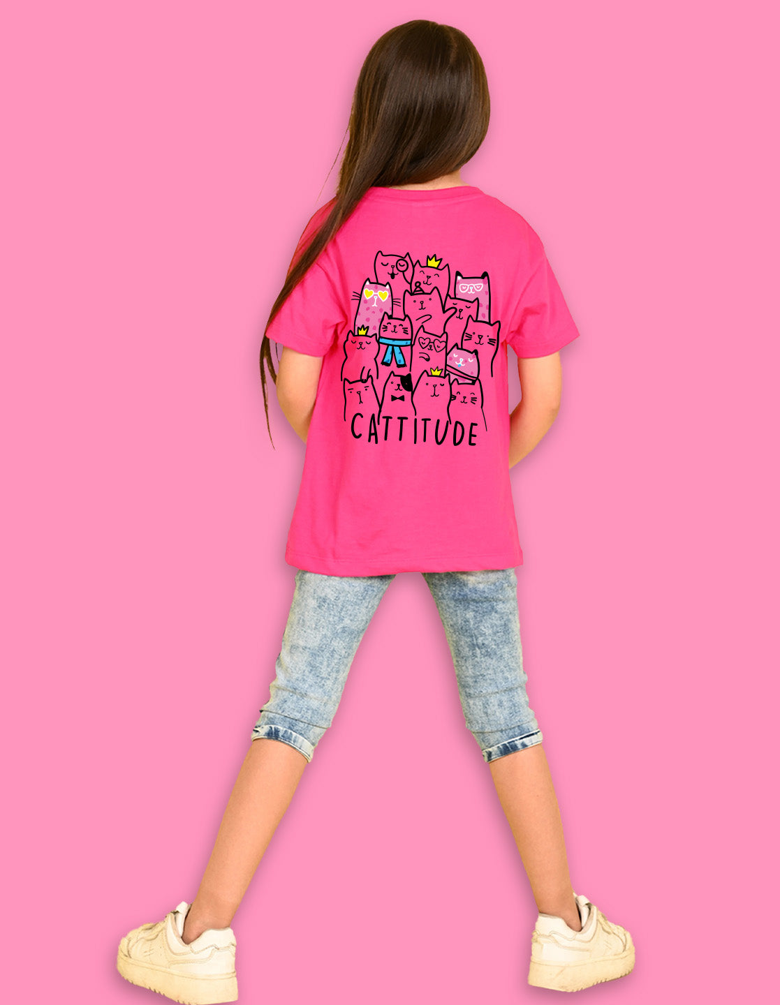Nusyl Girls Hot Pink Cattitude Text  Printed  Short sleeve Cotton Blend Oversized T-shirts