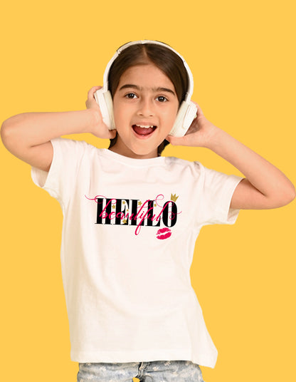 Nusyl Girls White Hellow Text Printed  Short sleeve Cotton Blend Oversized T-shirts