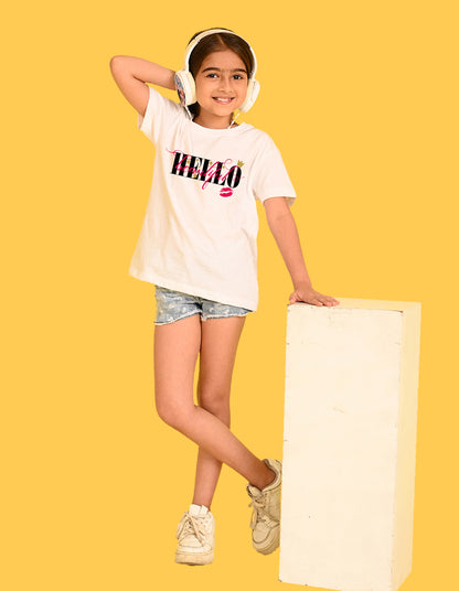 Nusyl Girls White Hellow Text Printed  Short sleeve Cotton Blend Oversized T-shirts