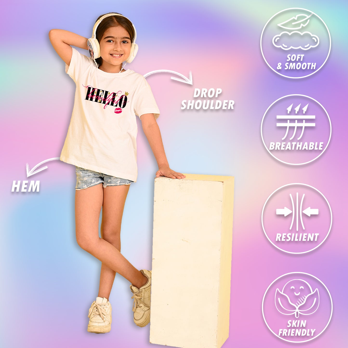 Nusyl Girls White Hellow Text Printed  Short sleeve Cotton Blend Oversized T-shirts