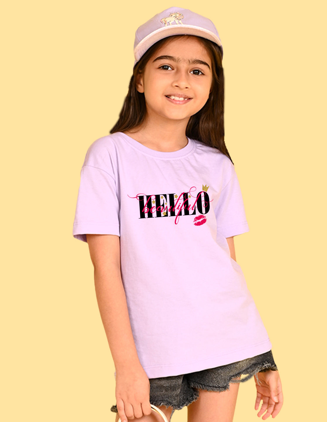 Nusyl Girls Lilac Hellow Text Printed  Short sleeve Cotton Blend Oversized T-shirts