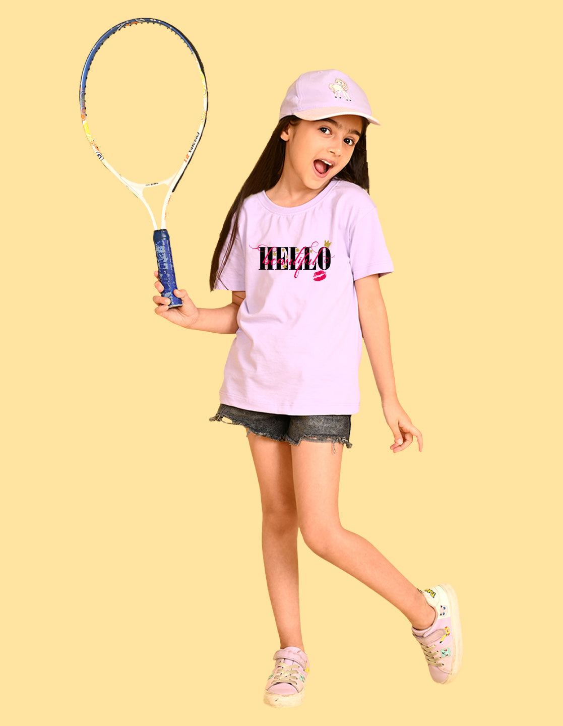 Nusyl Girls Lilac Hellow Text Printed  Short sleeve Cotton Blend Oversized T-shirts