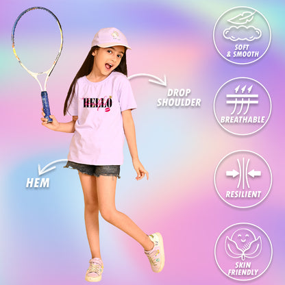 Nusyl Girls Lilac Hellow Text Printed  Short sleeve Cotton Blend Oversized T-shirts