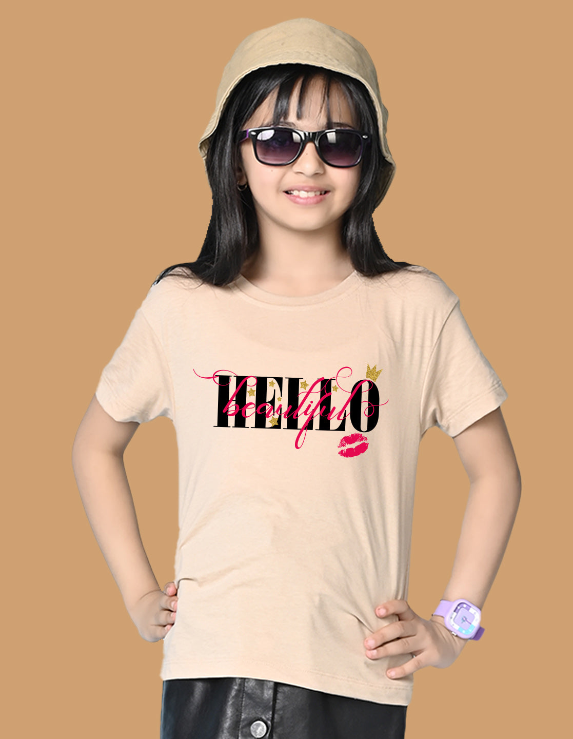 Nusyl Girls Beige Hellow Text Printed  Short sleeve Cotton Blend Oversized T-shirts