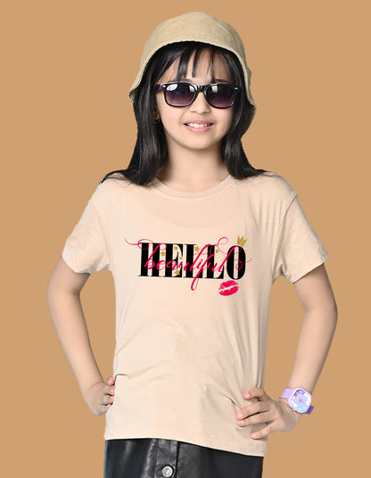 Nusyl Girls Beige Hellow Text Printed  Short sleeve Cotton Blend Oversized T-shirts