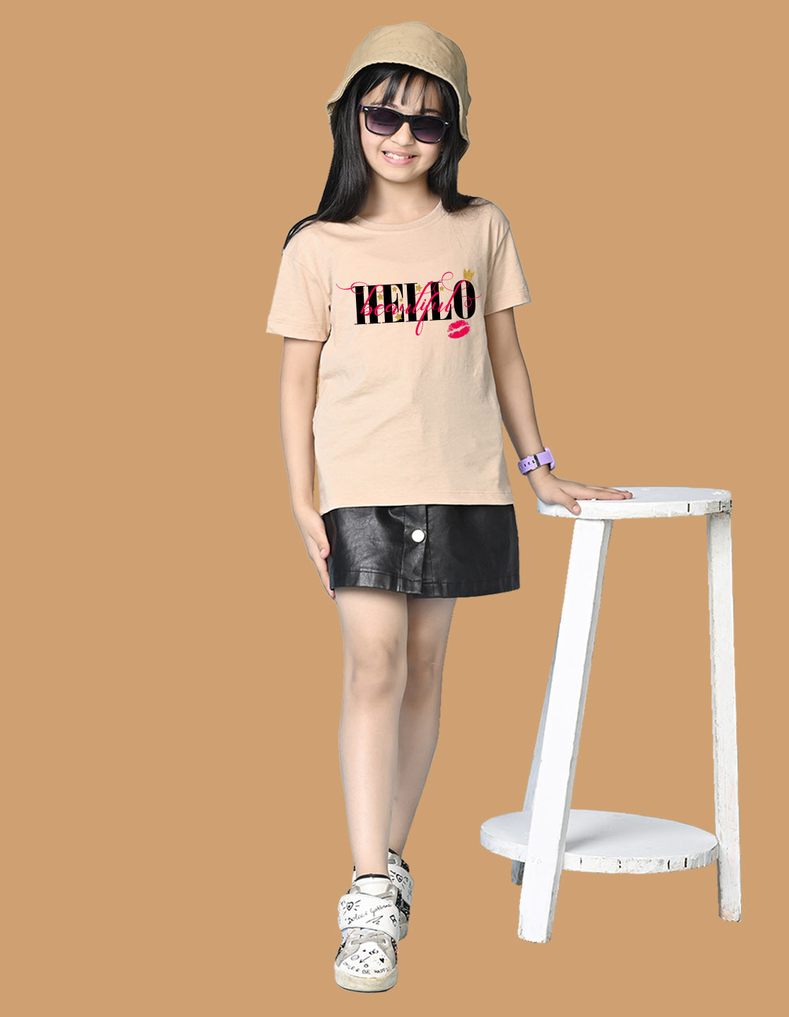 Nusyl Girls Beige Hellow Text Printed  Short sleeve Cotton Blend Oversized T-shirts