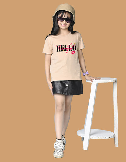 Nusyl Girls Beige Hellow Text Printed  Short sleeve Cotton Blend Oversized T-shirts