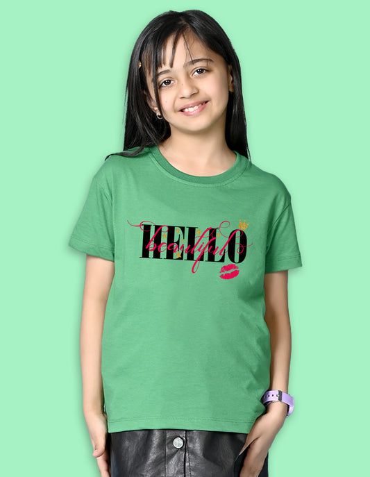 Nusyl Girls Green Hellow Text Printed  Short sleeve Cotton Blend Oversized T-shirts