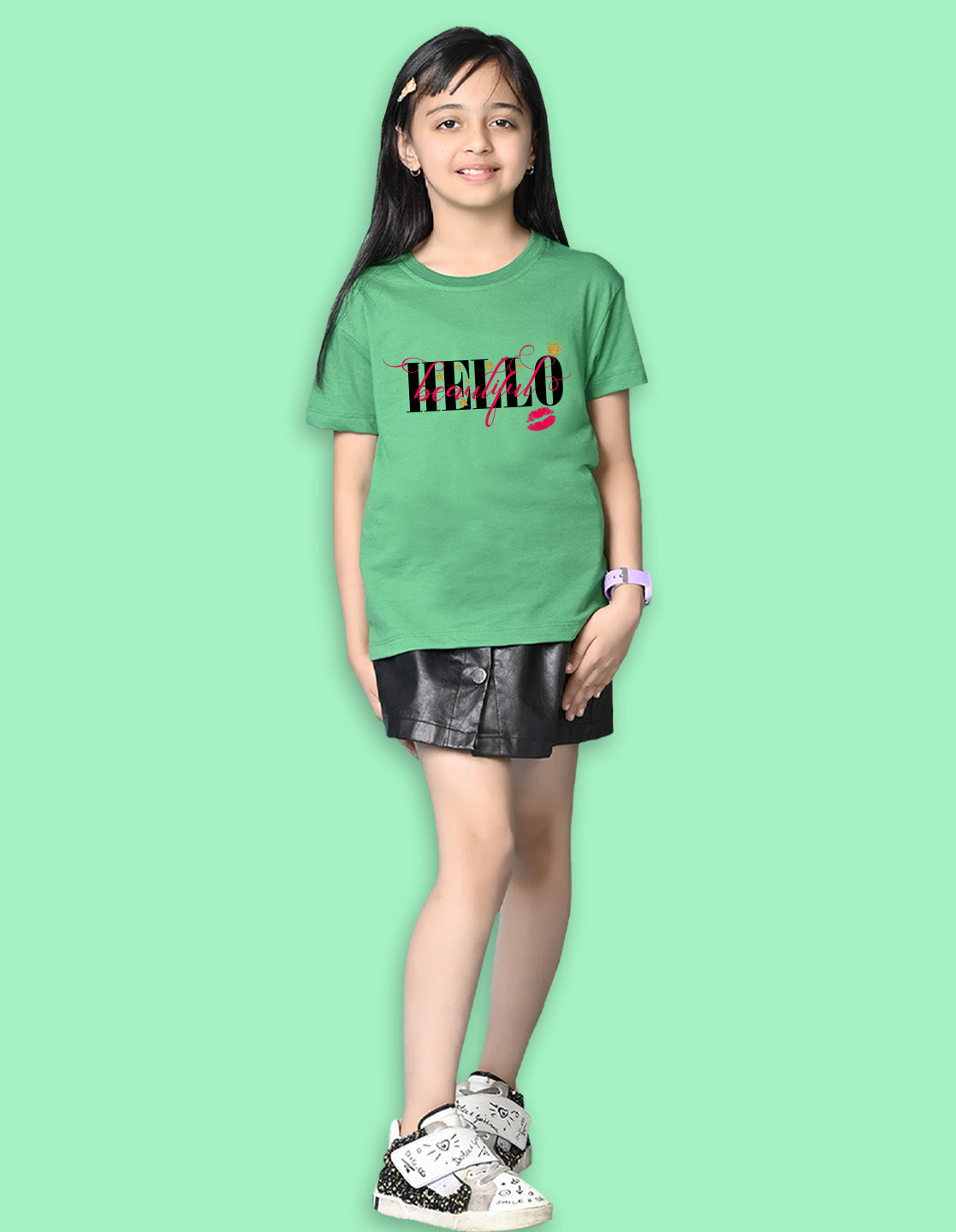 Nusyl Girls Green Hellow Text Printed  Short sleeve Cotton Blend Oversized T-shirts