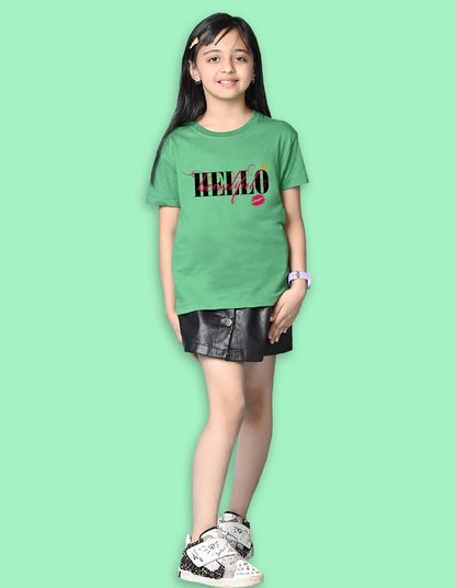 Nusyl Girls Green Hellow Text Printed  Short sleeve Cotton Blend Oversized T-shirts