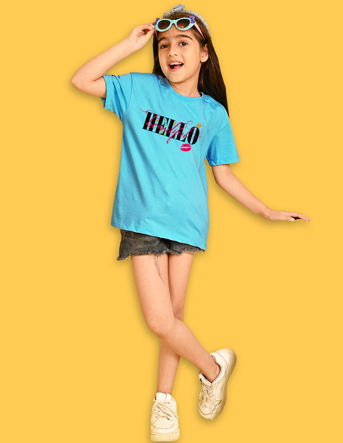Nusyl Girls Sky Blue Hellow Text Printed  Short sleeve Cotton Blend Oversized T-shirts
