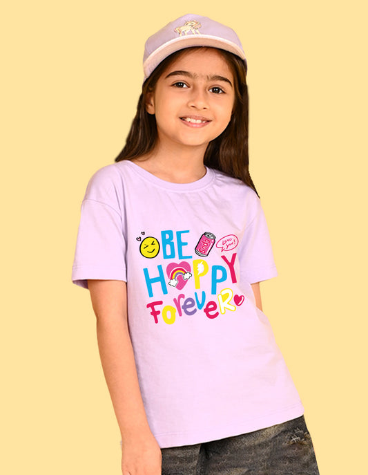 Nusyl Girls Lilac Be happy Forever Text Printed  Short sleeve Cotton Blend Oversized T-shirts