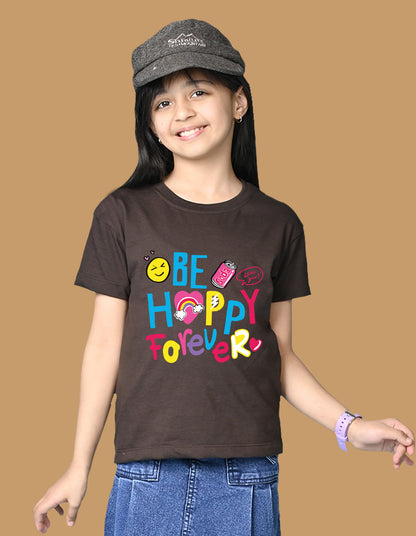 Nusyl Girls Brown Be happy Forever Text Printed  Short sleeve Cotton Blend Oversized T-shirts