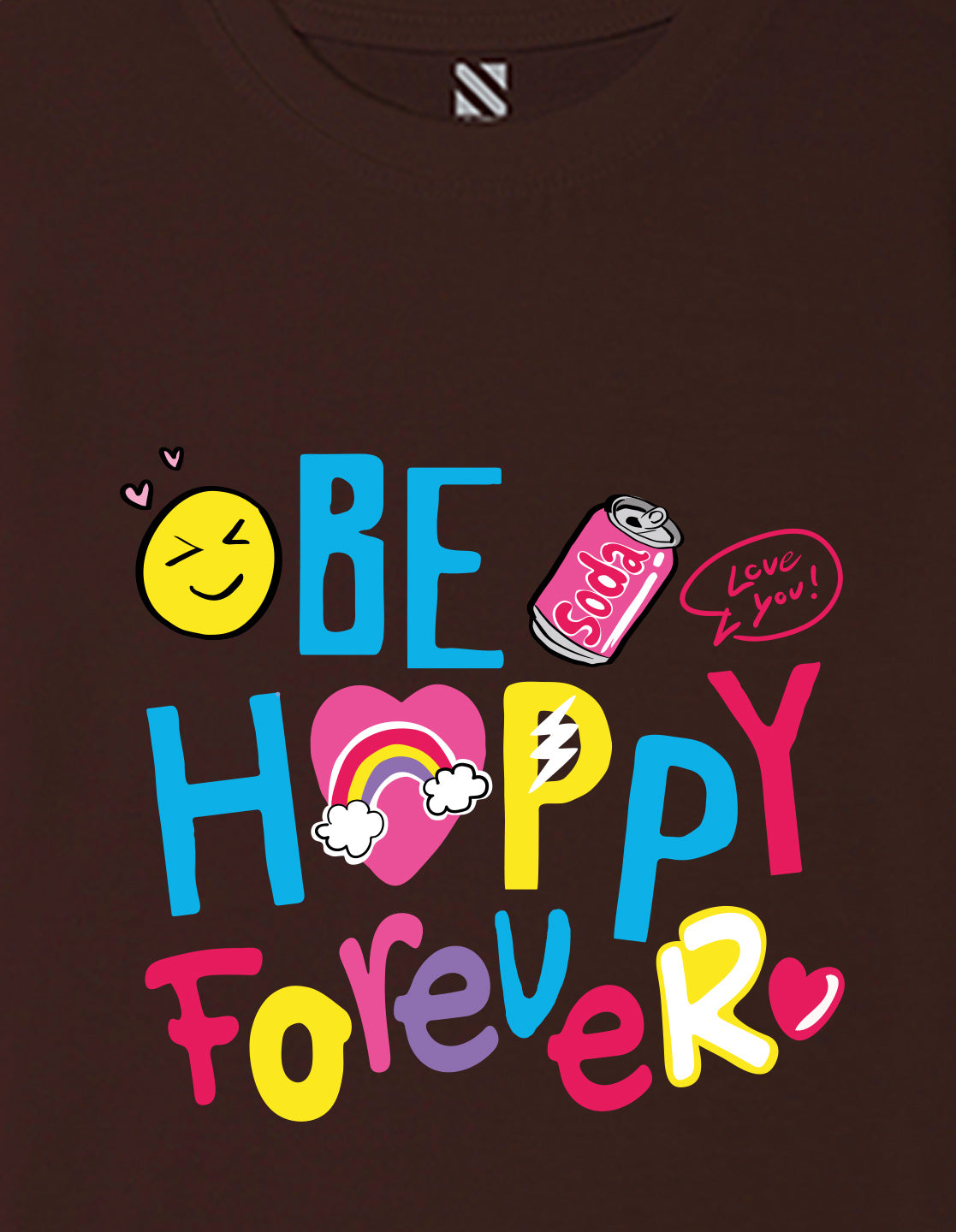 Nusyl Girls Brown Be happy Forever Text Printed  Short sleeve Cotton Blend Oversized T-shirts