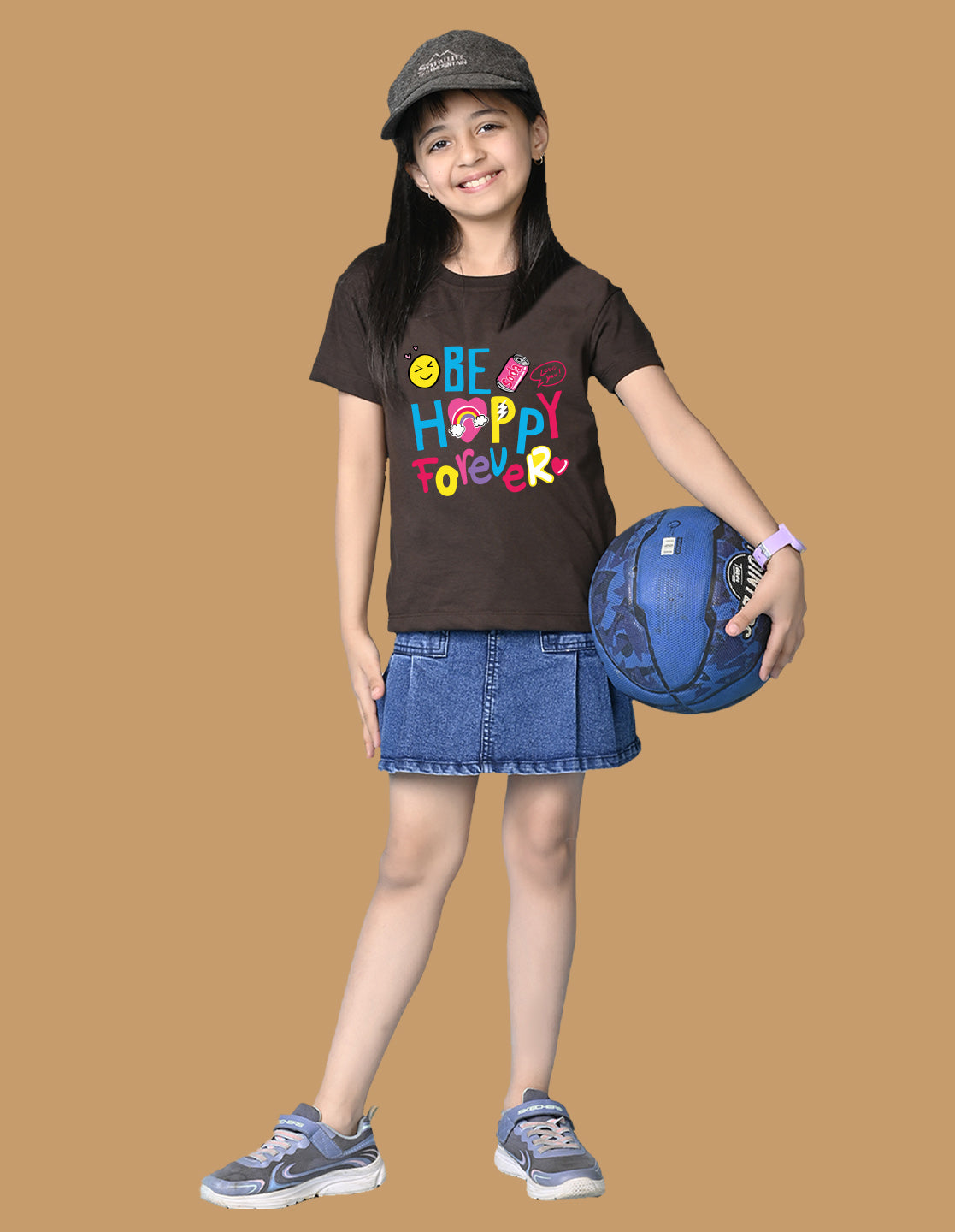 Nusyl Girls Brown Be happy Forever Text Printed  Short sleeve Cotton Blend Oversized T-shirts