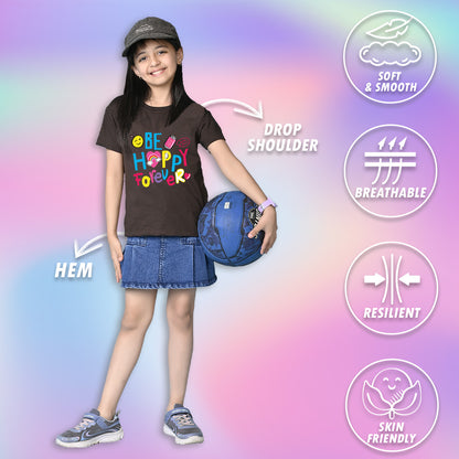Nusyl Girls Brown Be happy Forever Text Printed  Short sleeve Cotton Blend Oversized T-shirts