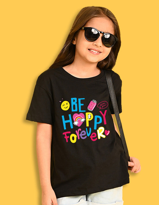 Nusyl Girls Black Be happy Forever Text Printed  Short sleeve Cotton Blend Oversized T-shirts