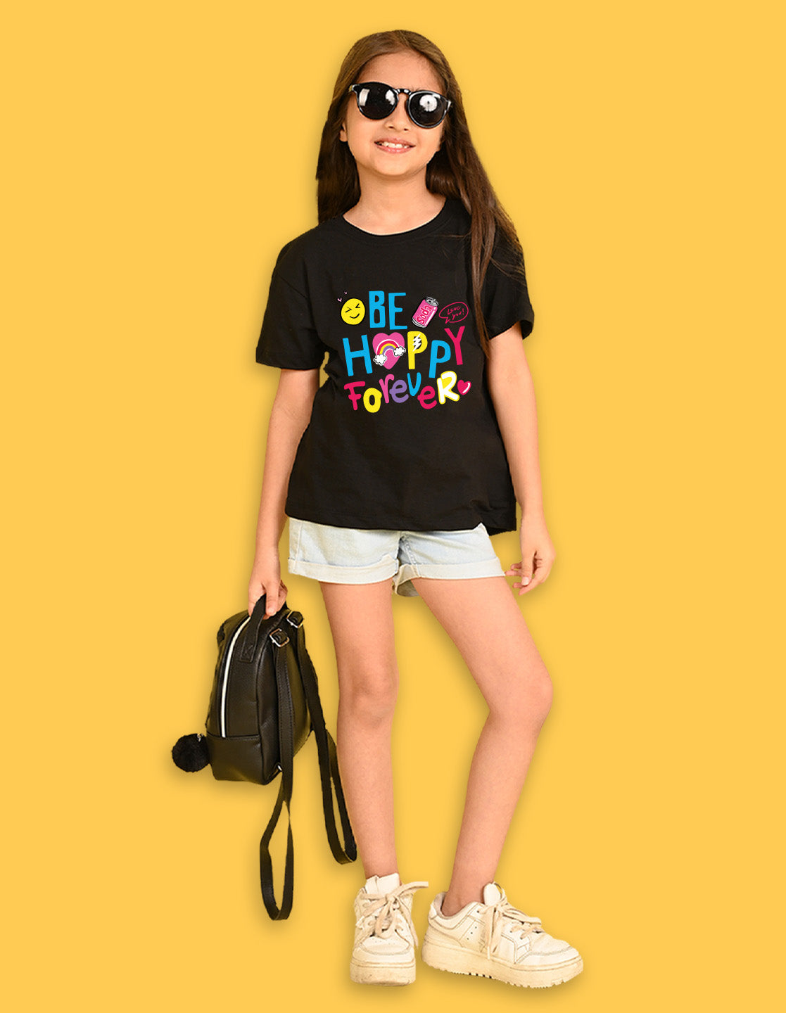 Nusyl Girls Black Be happy Forever Text Printed  Short sleeve Cotton Blend Oversized T-shirts