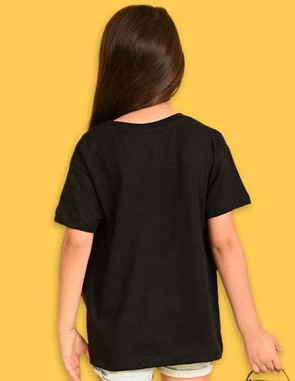 Nusyl Girls Black Be happy Forever Text Printed  Short sleeve Cotton Blend Oversized T-shirts