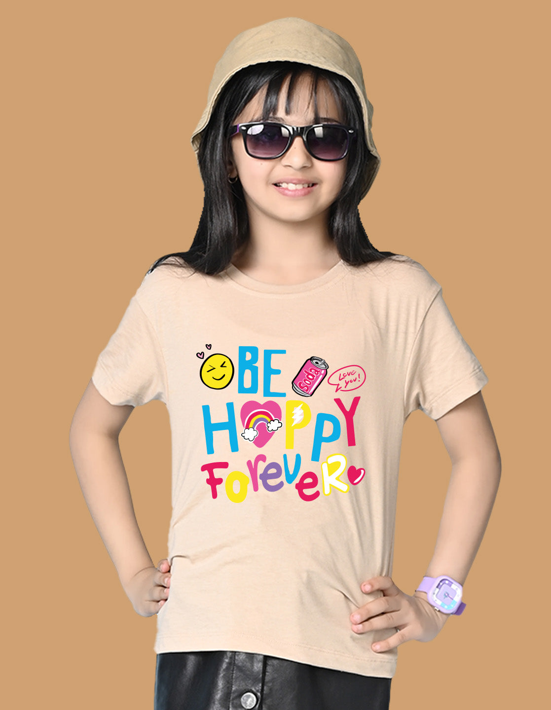 Nusyl Girls Beige Be happy Forever Text Printed  Short sleeve Cotton Blend Oversized T-shirts