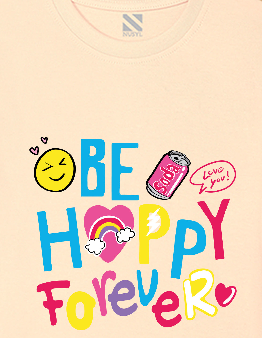 Nusyl Girls Beige Be happy Forever Text Printed  Short sleeve Cotton Blend Oversized T-shirts