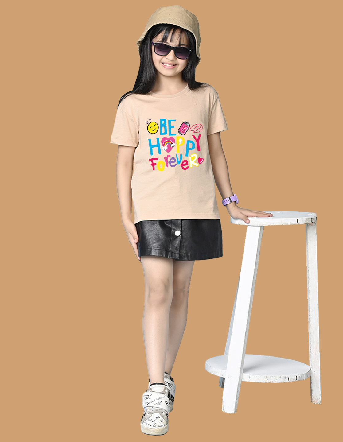 Nusyl Girls Beige Be happy Forever Text Printed  Short sleeve Cotton Blend Oversized T-shirts