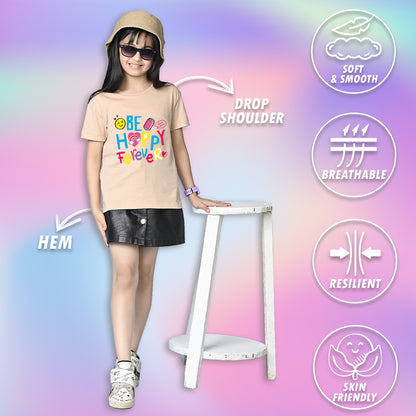 Nusyl Girls Beige Be happy Forever Text Printed  Short sleeve Cotton Blend Oversized T-shirts