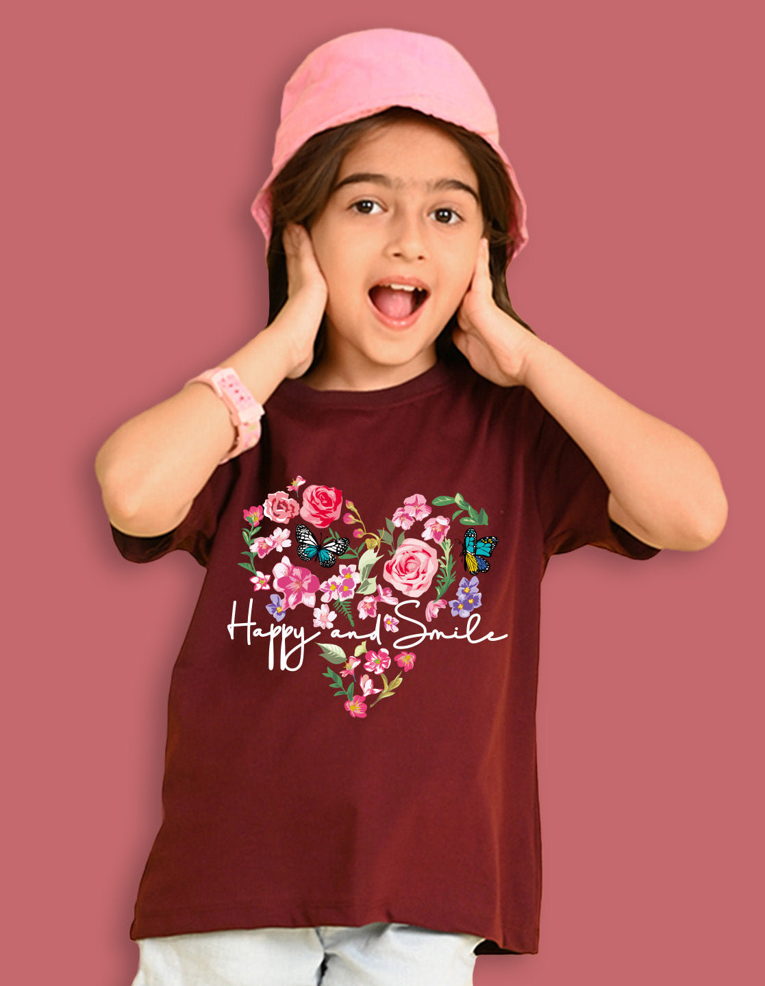 Nusyl Girls Wine Flower & Text  Printed  Short sleeve Cotton Blend Oversized T-shirts