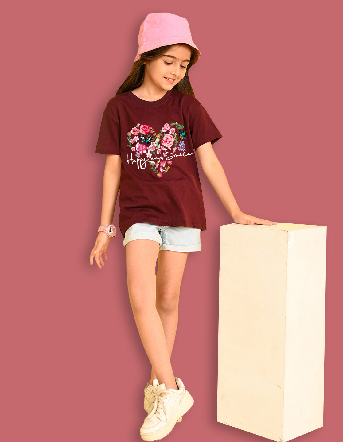 Nusyl Girls Wine Flower & Text  Printed  Short sleeve Cotton Blend Oversized T-shirts