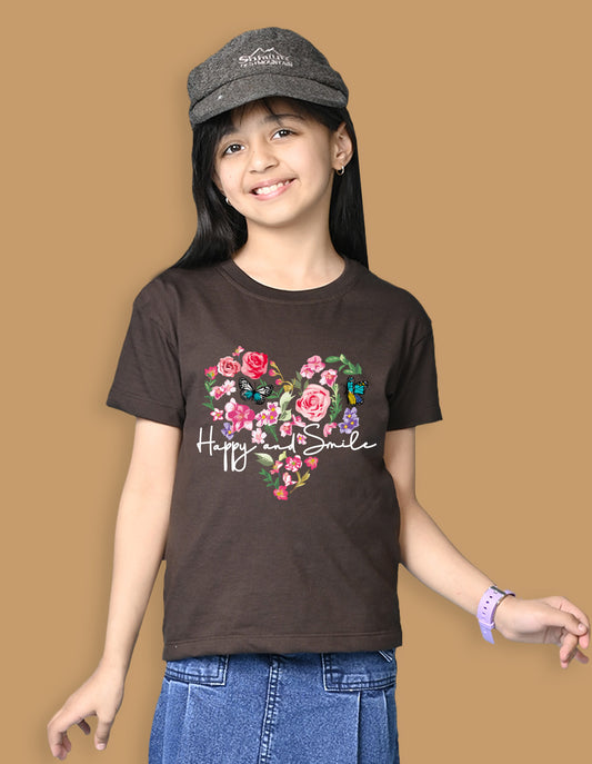 Nusyl Girls Brown Flower & Text  Printed  Short sleeve Cotton Blend Oversized T-shirts