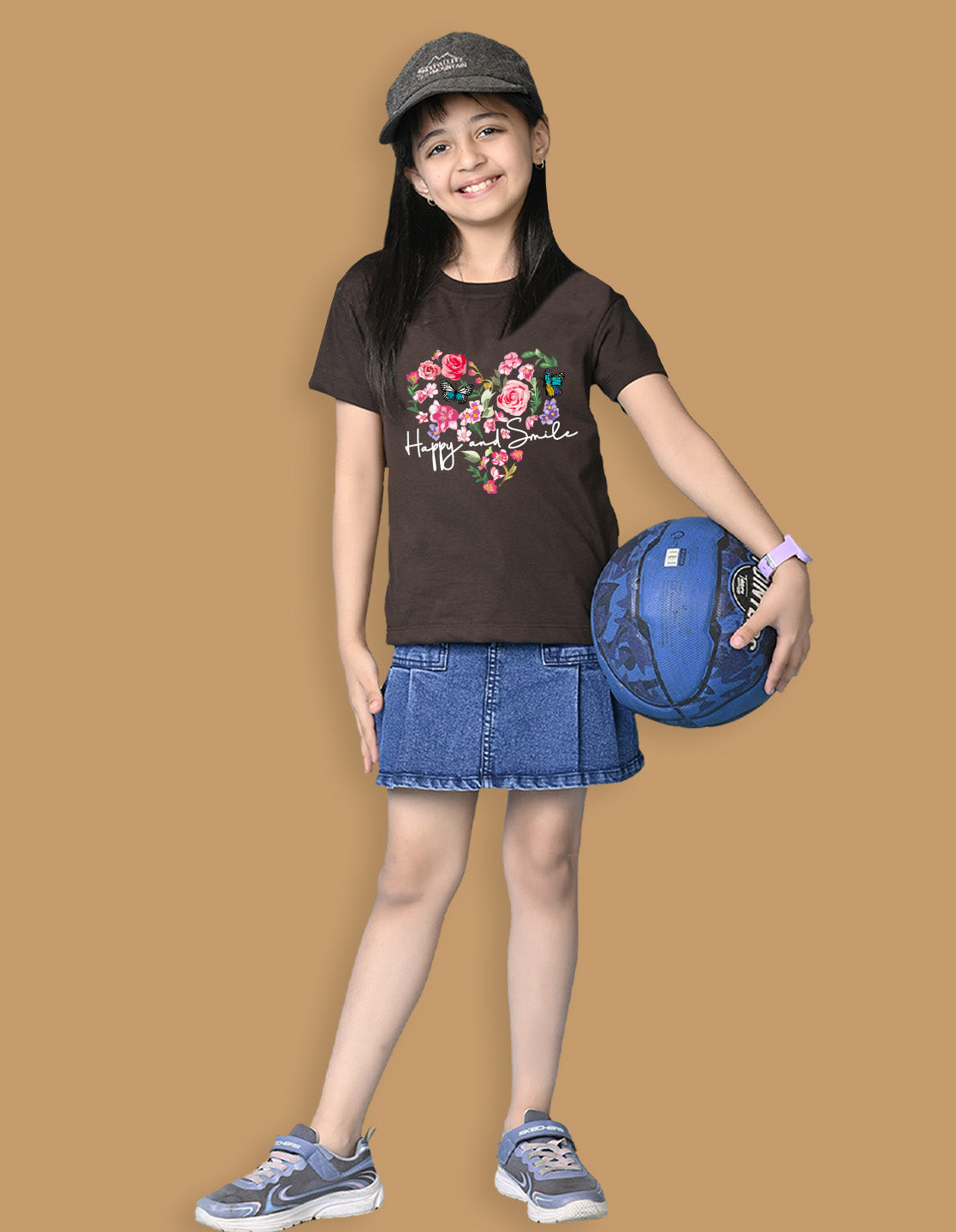 Nusyl Girls Brown Flower & Text  Printed  Short sleeve Cotton Blend Oversized T-shirts