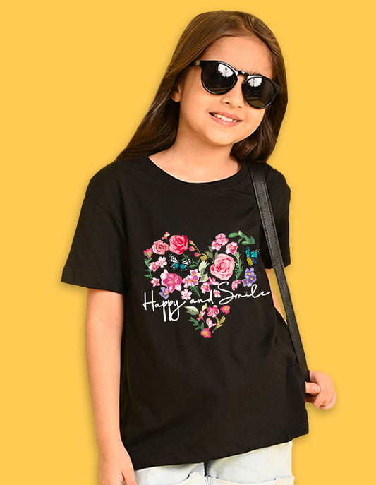 Nusyl Girls Black Flower & Text  Printed  Short sleeve Cotton Blend Oversized T-shirts