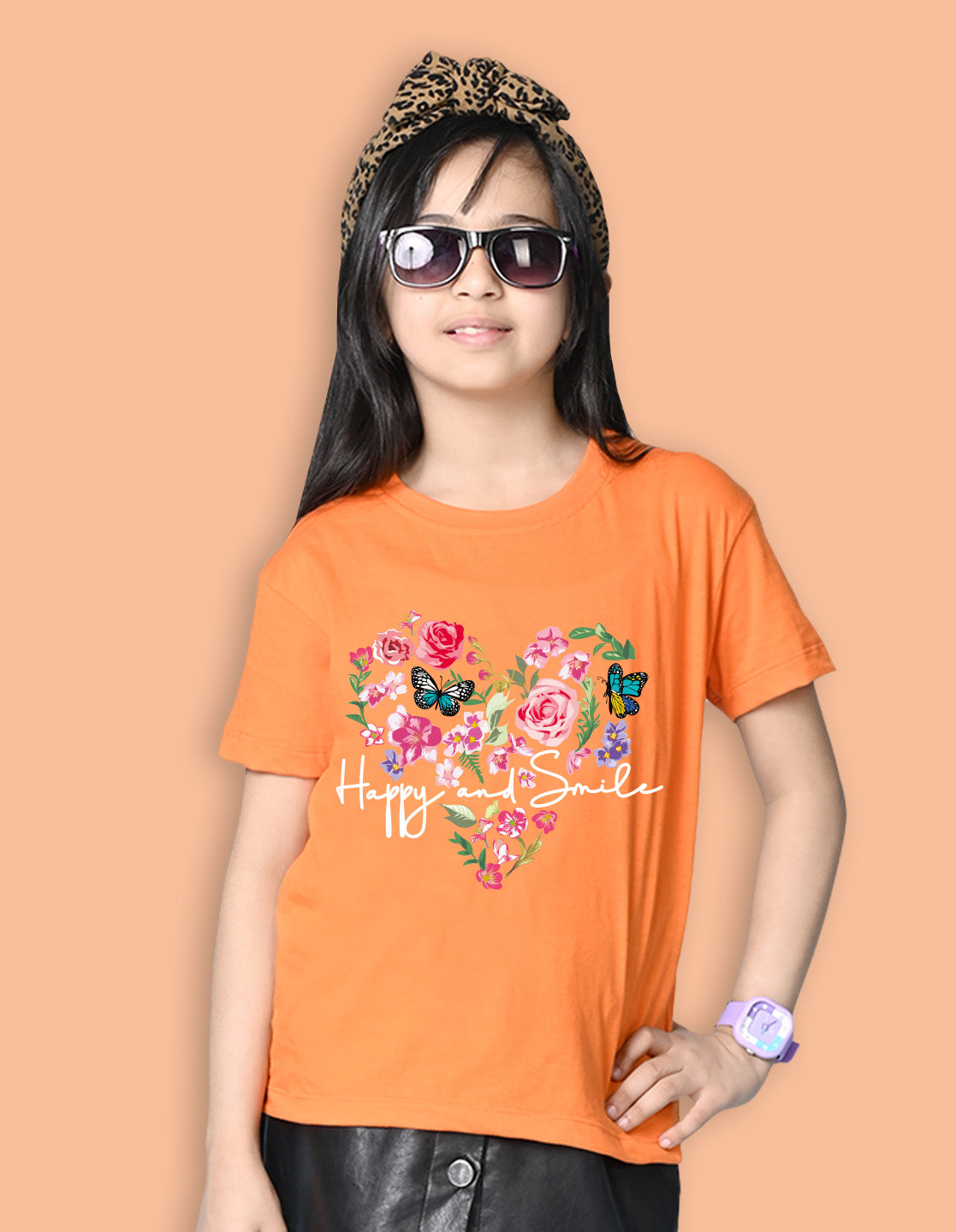 Nusyl Girls Orange Flower & Text  Printed  Short sleeve Cotton Blend Oversized T-shirts