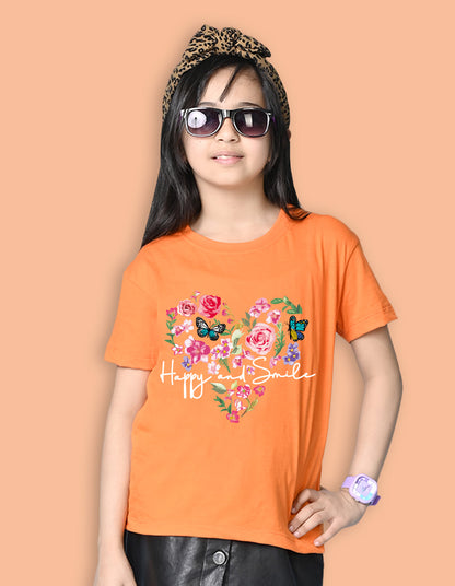 Nusyl Girls Orange Flower & Text  Printed  Short sleeve Cotton Blend Oversized T-shirts
