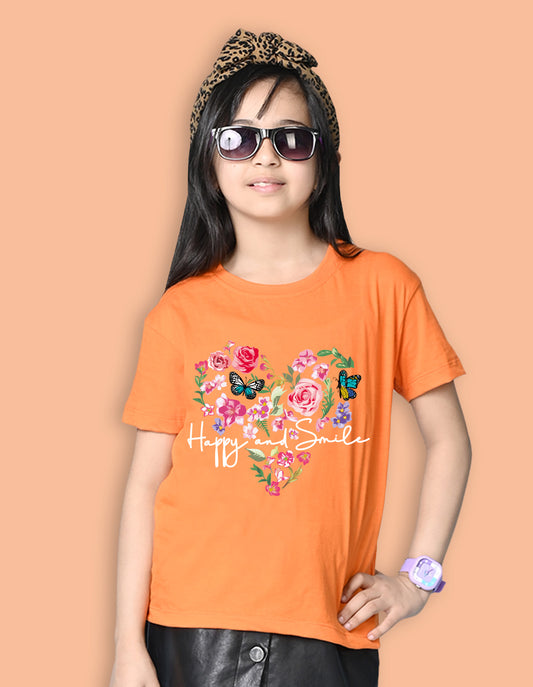 Nusyl Girls Orange Flower & Text  Printed  Short sleeve Cotton Blend Oversized T-shirts