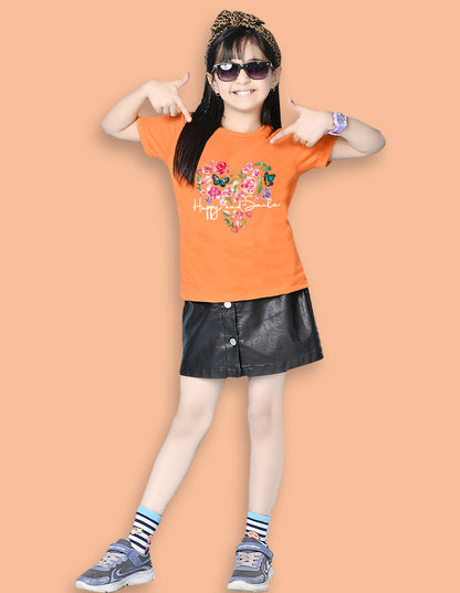 Nusyl Girls Orange Flower & Text  Printed  Short sleeve Cotton Blend Oversized T-shirts