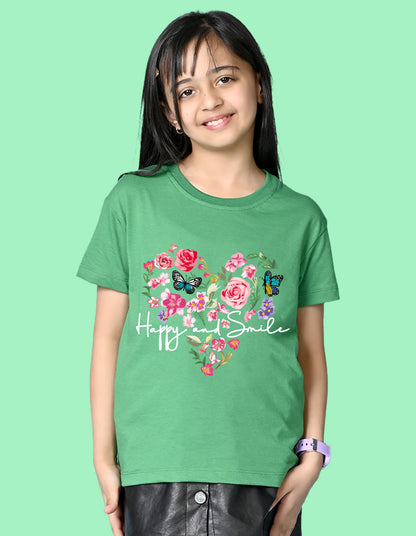 Nusyl Girls Green Flower & Text  Printed  Short sleeve Cotton Blend Oversized T-shirts