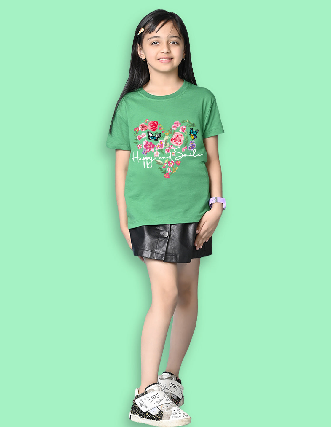 Nusyl Girls Green Flower & Text  Printed  Short sleeve Cotton Blend Oversized T-shirts