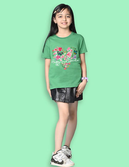 Nusyl Girls Green Flower & Text  Printed  Short sleeve Cotton Blend Oversized T-shirts