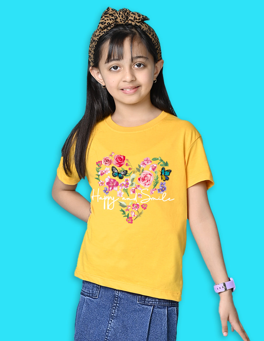 Nusyl Girls Yellow Flower & Text  Printed  Short sleeve Cotton Blend Oversized T-shirts