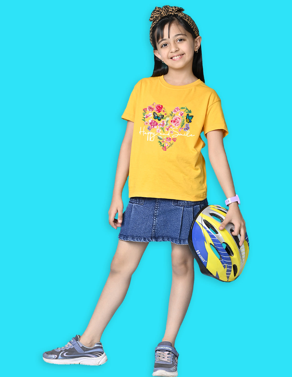 Nusyl Girls Yellow Flower & Text  Printed  Short sleeve Cotton Blend Oversized T-shirts