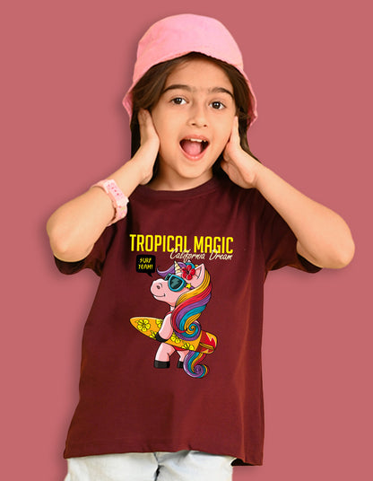 Nusyl Girls Wine Tropical Magic Text Printed  Short sleeve Cotton Blend Oversized T-shirts