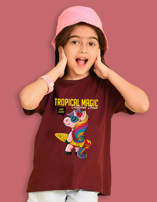 Nusyl Girls Wine Tropical Magic Text Printed  Short sleeve Cotton Blend Oversized T-shirts