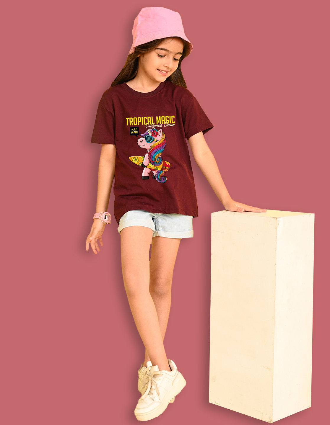 Nusyl Girls Wine Tropical Magic Text Printed  Short sleeve Cotton Blend Oversized T-shirts